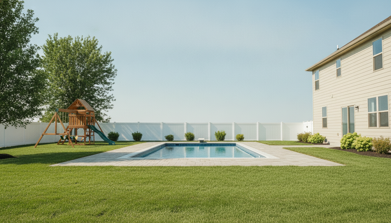 After — pool, fence, tree, swing, landscaping